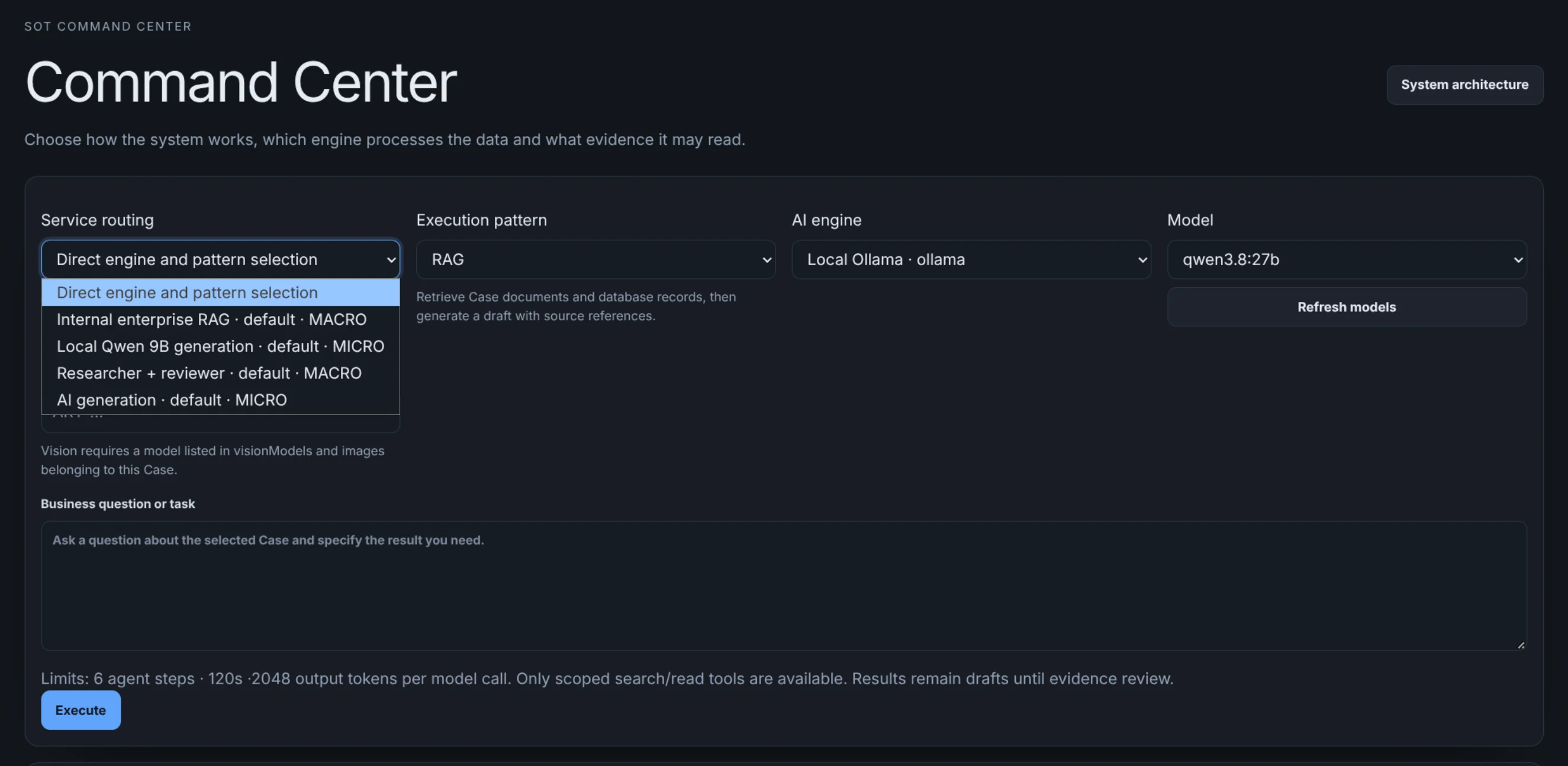 Choose how the system works, which engine processes the data and what evidence it may read.